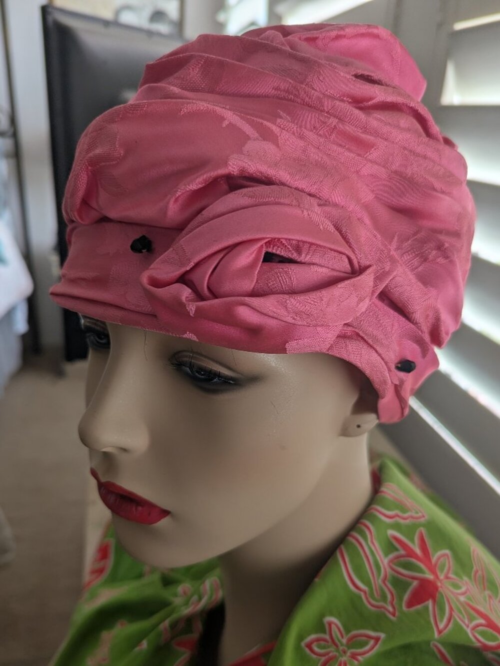 Vintage 1960's Pink Silk Turban, Cloche, Rosette Beaded Hat, 60's Turbans